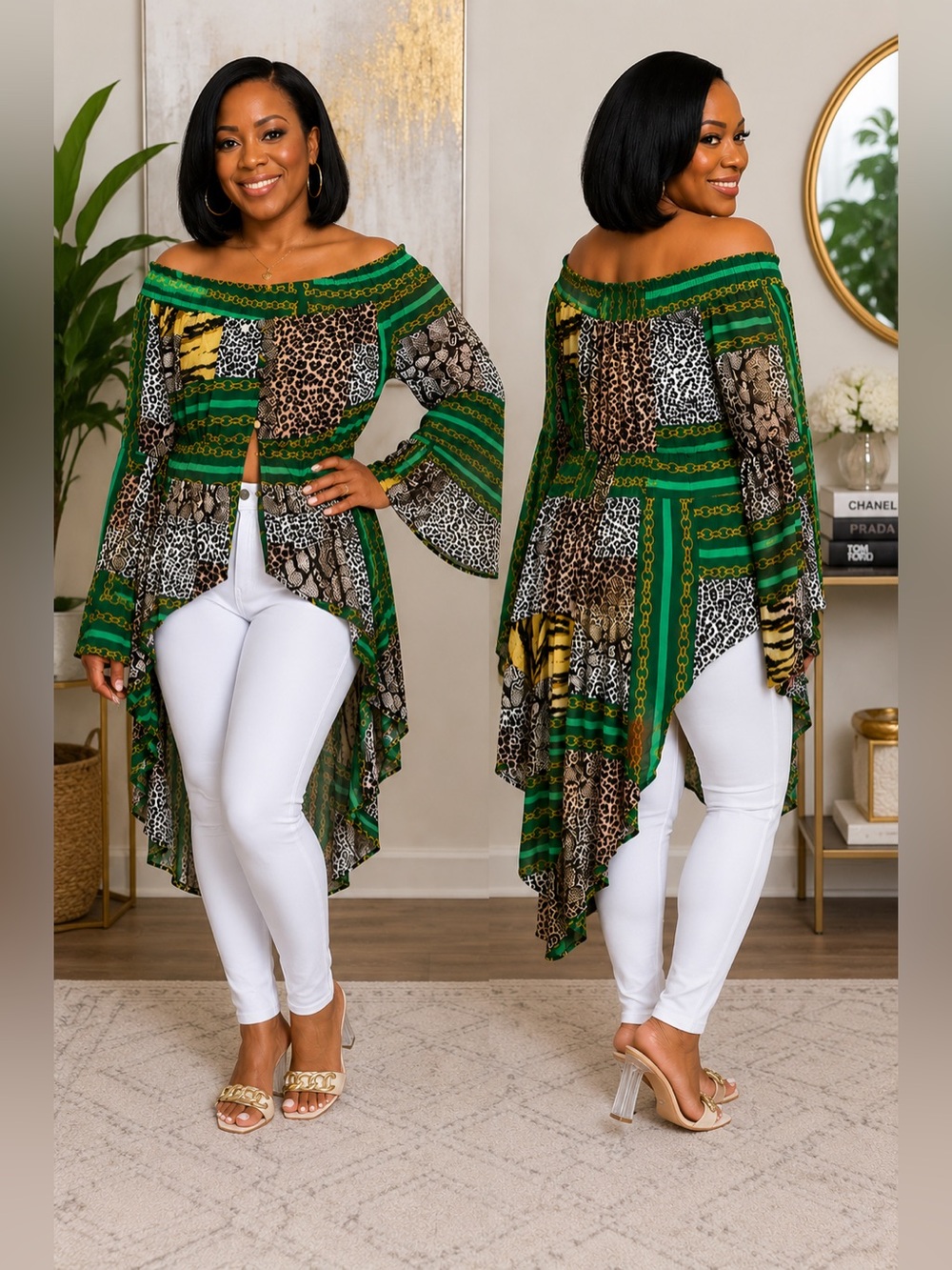Green Patchwork Animal Print Off-Shoulder Tunic